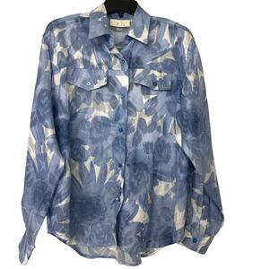 Caché Vintage Sheer Floral Button Down Blouse M Blue White Oversized Whimsical